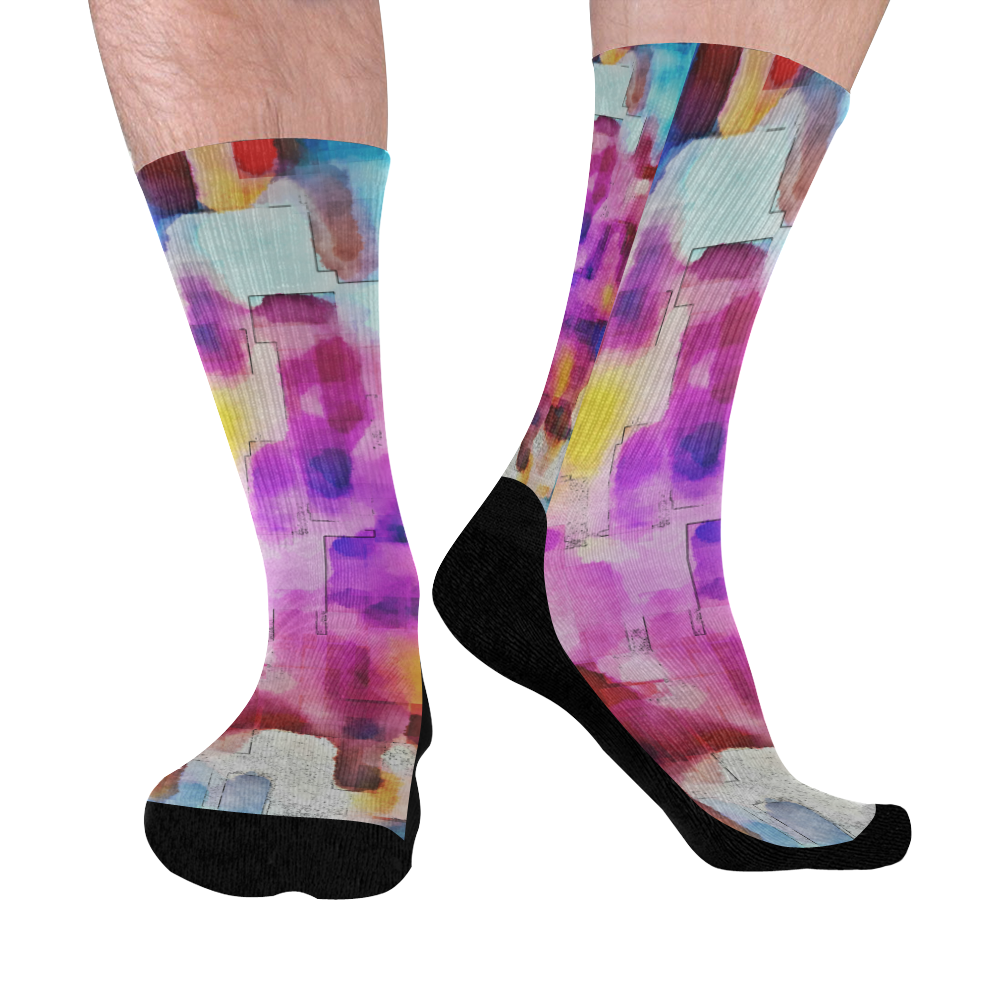 Blue pink watercolors Mid-Calf Socks (Black Sole)