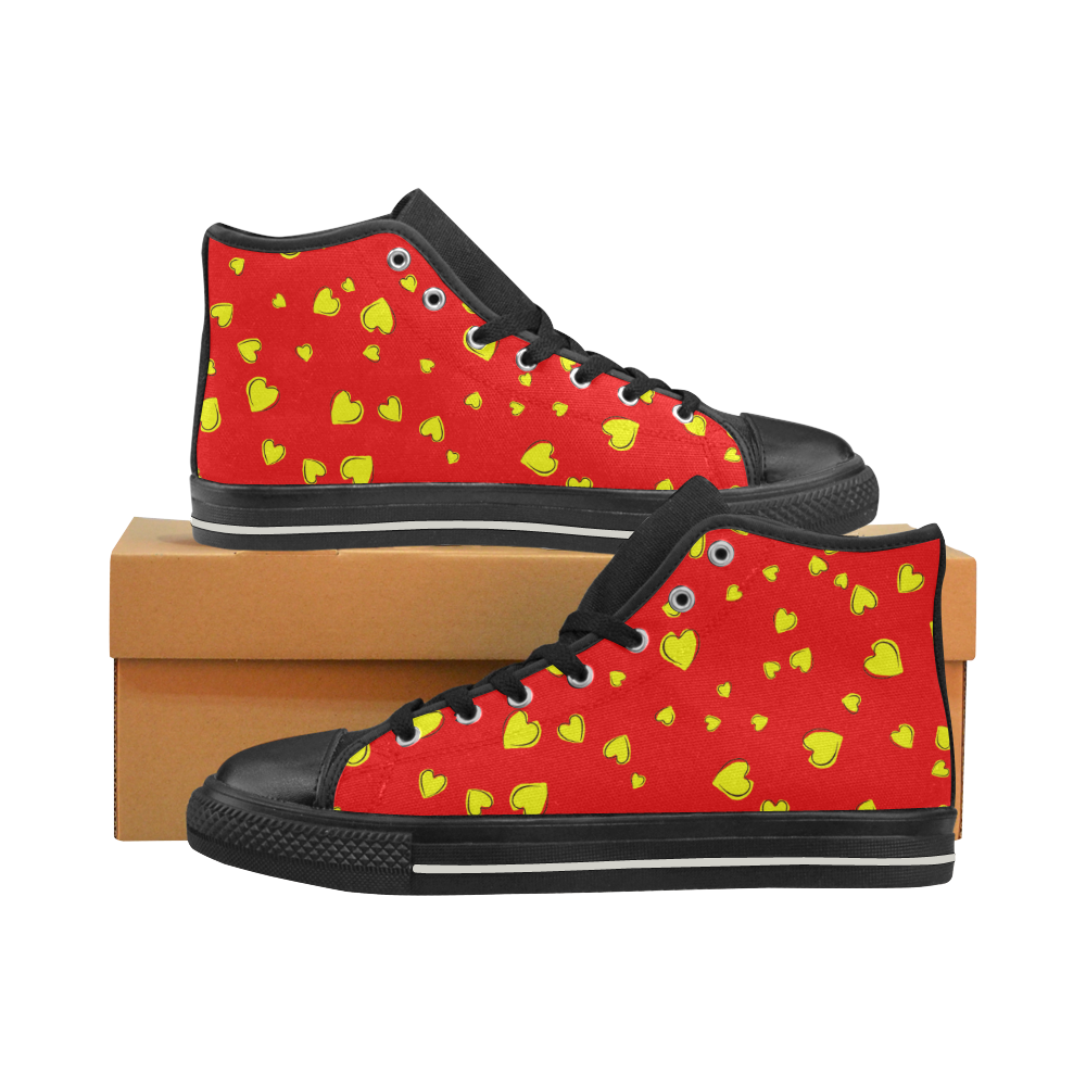Yellow Hearts Floating on Red and Black Women's Classic High Top Canvas Shoes (Model 017)