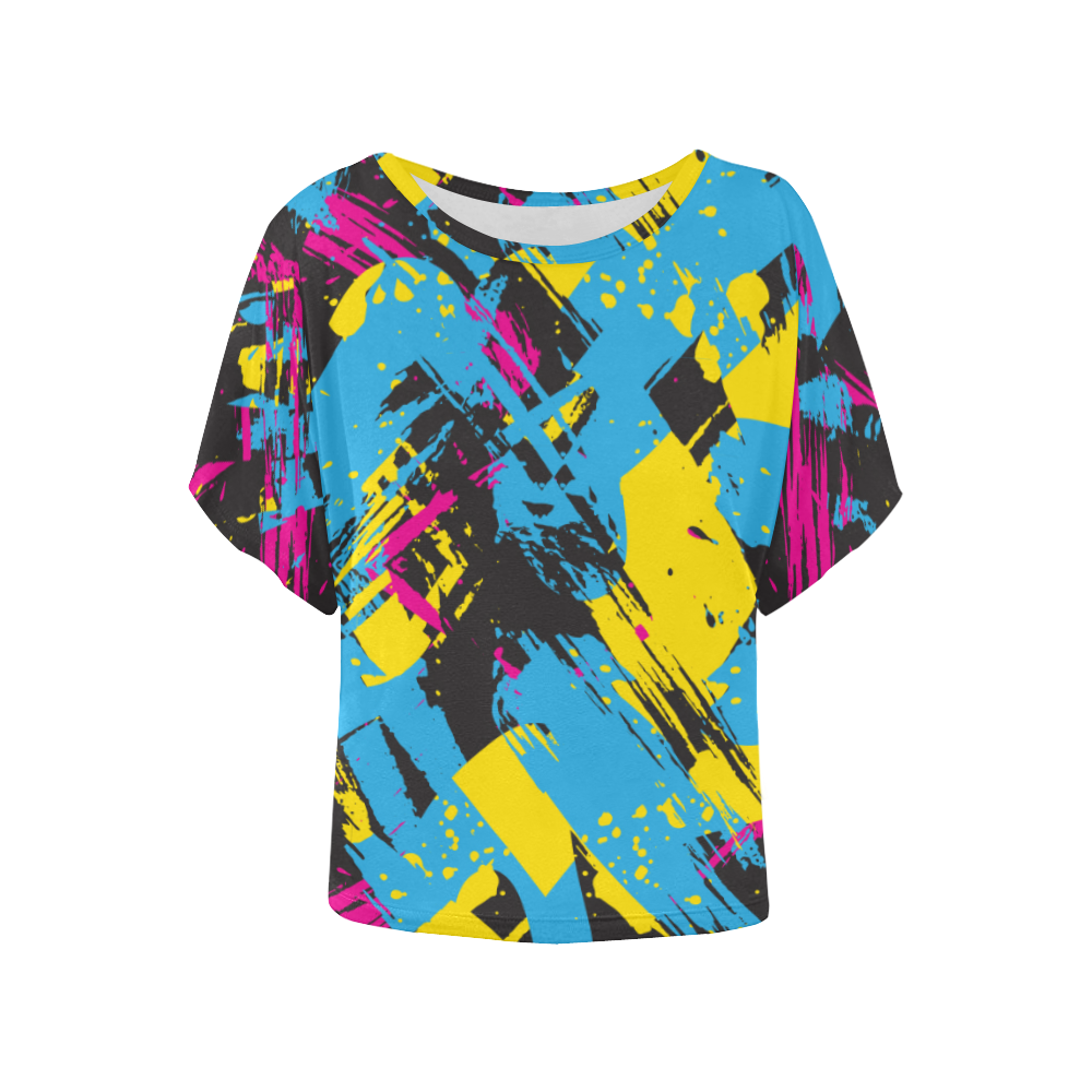Colorful paint stokes on a black background Women's Batwing-Sleeved Blouse T shirt (Model T44)