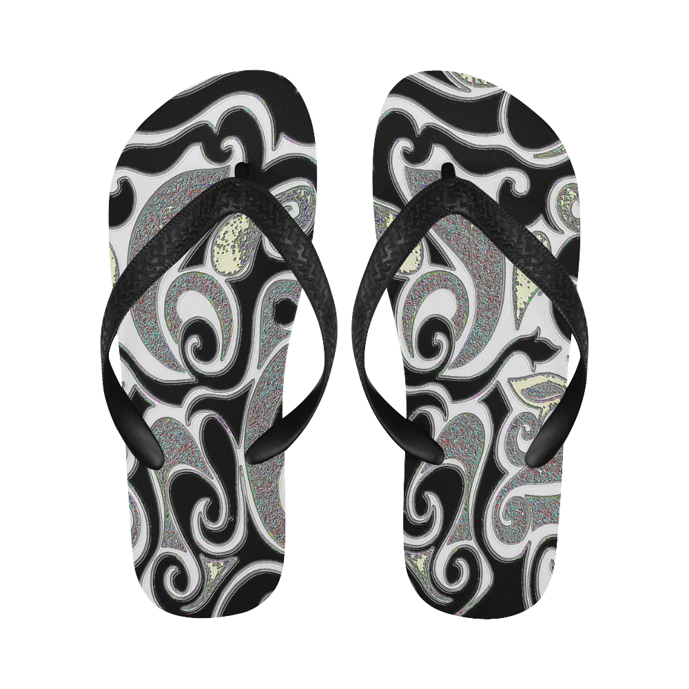 Black and White Abstract Doodle Flip Flops for Men/Women (Model 040)