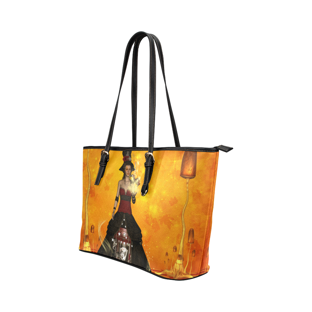 Fantasy women with carousel Leather Tote Bag/Small (Model 1651)