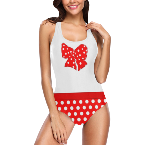 Polka Dots Red with Red Bow Vest One Piece Swimsuit (Model S04)