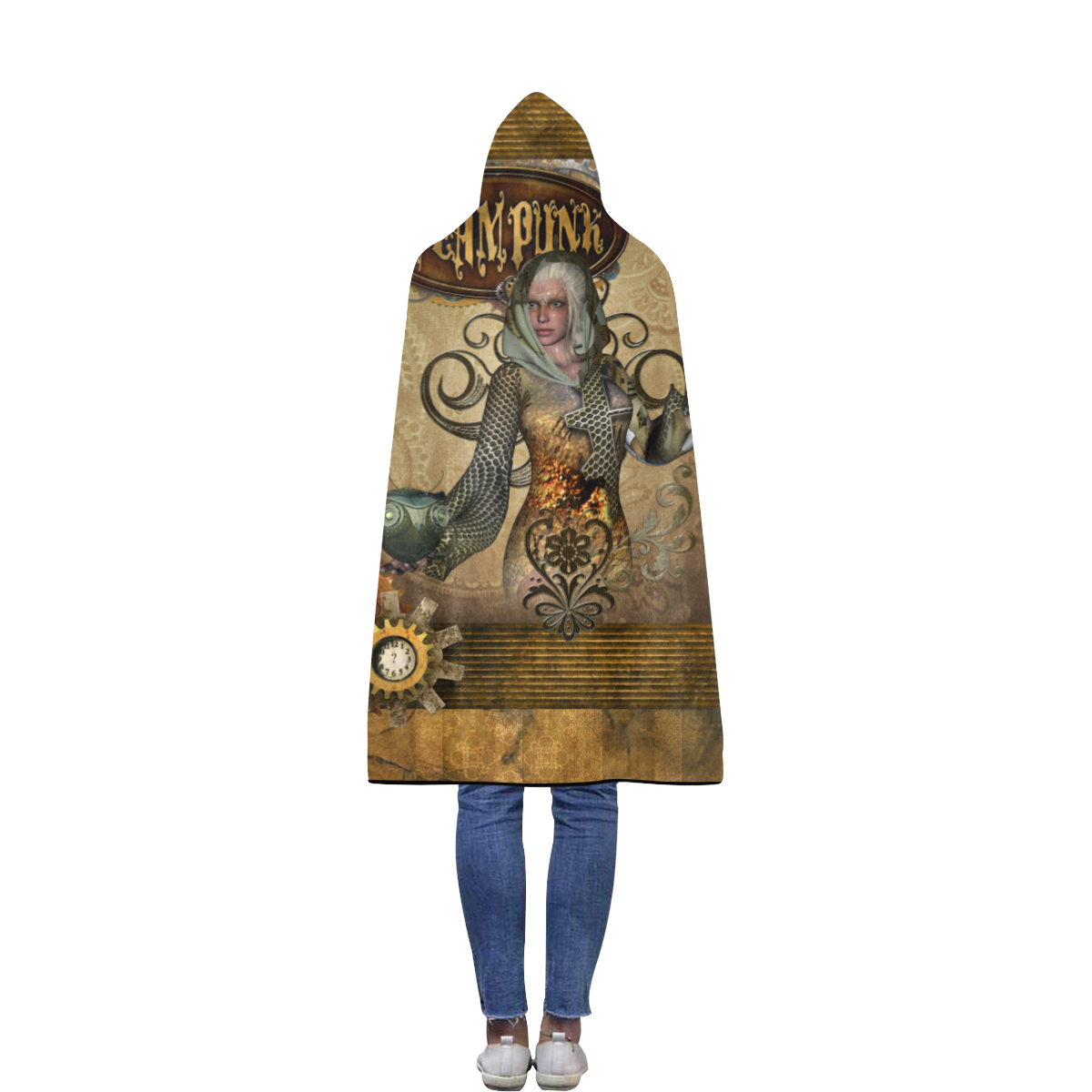 Steampunk lady with owl Flannel Hooded Blanket 50''x60''