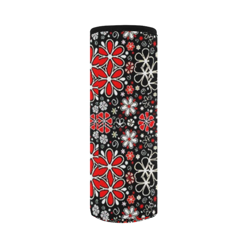 red and white tiny flowers on black background water bottle pouch Neoprene Water Bottle Pouch/Large