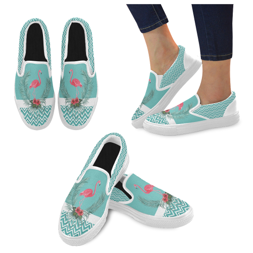 Retro Flamingo Chevron Women's Unusual Slip-on Canvas Shoes (Model 019)
