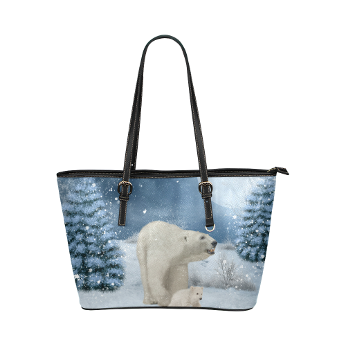 Polar bear mum with polar bear cub Leather Tote Bag/Large (Model 1651)