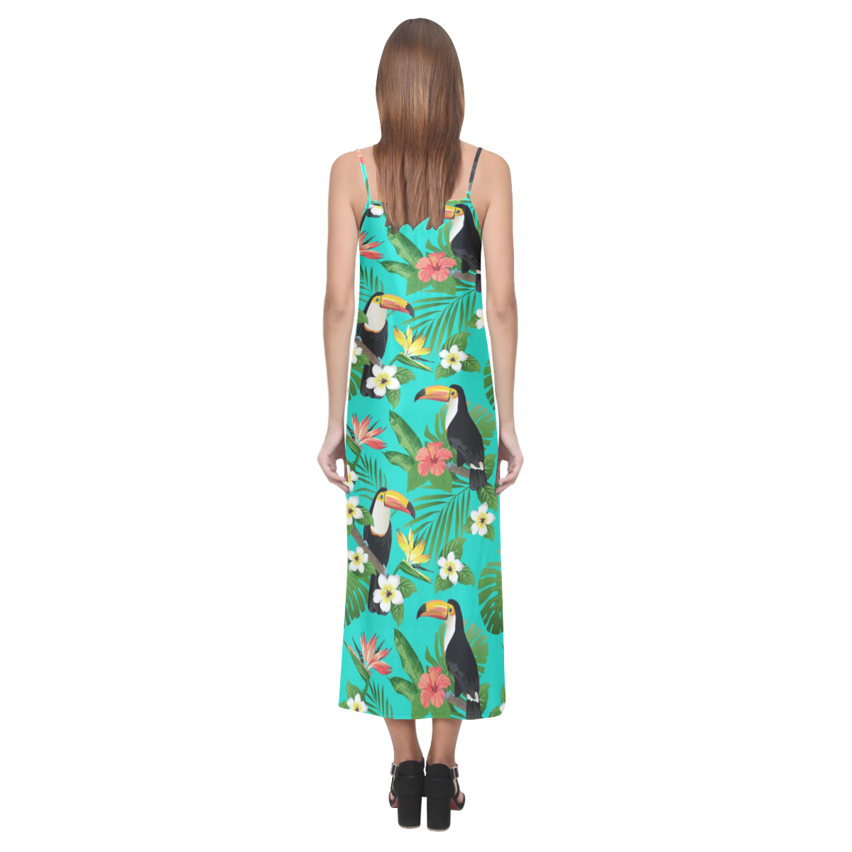 Tropical Summer Toucan Pattern V-Neck Open Fork Long Dress(Model D18)