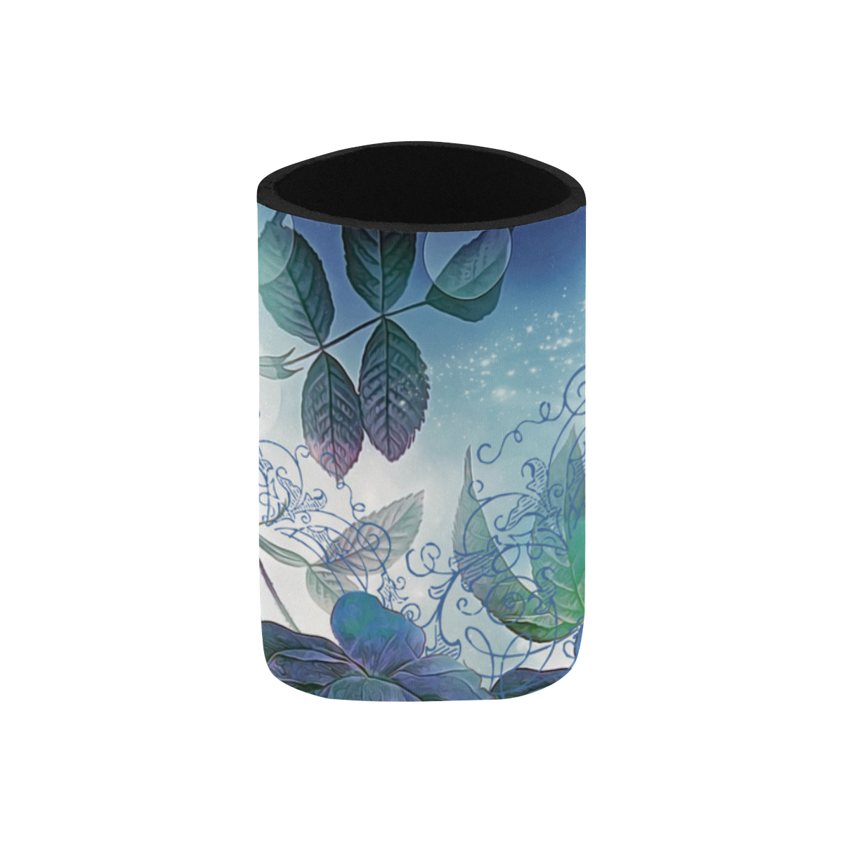 Cute birds with blue flowers Neoprene Can Cooler 4" x 2.7" dia.