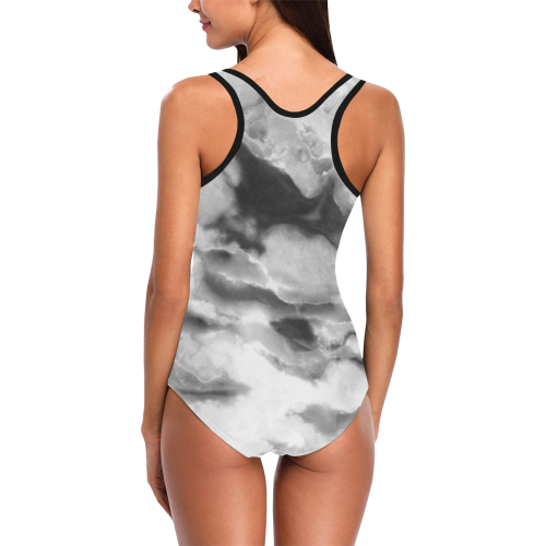 Marble Black and White Pattern Vest One Piece Swimsuit (Model S04)