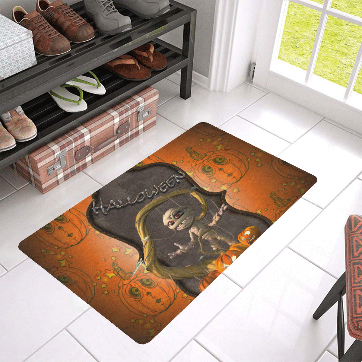 Halloween, funny mummy Doormat 30"x18" (Black Base)