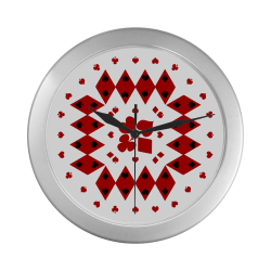 Black and Red Playing Card Shapes Round Silver Color Wall Clock