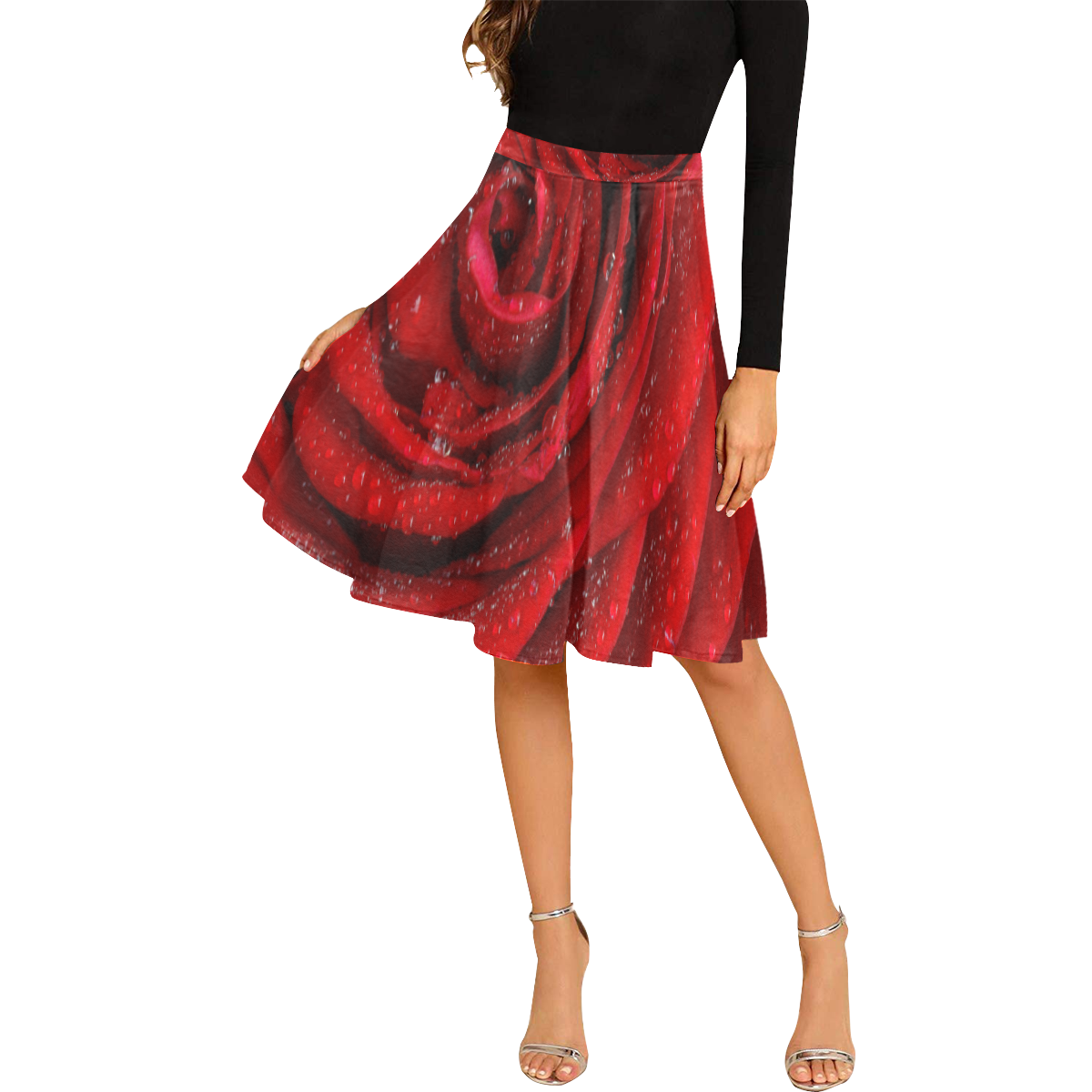 Red rosa Melete Pleated Midi Skirt (Model D15)
