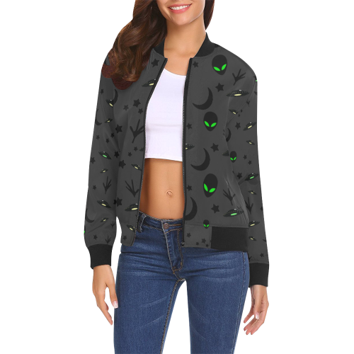 Alien Flying Saucers Stars Pattern on Charcoal All Over Print Bomber Jacket for Women (Model H19)