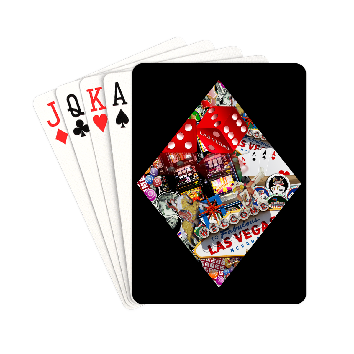 Diamond Playing Card Shape - Las Vegas Icons on Black Playing Cards 2.5"x3.5"