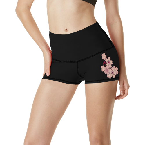 Sakura Breeze Black/Tahiti Sunset Women's All Over Print Yoga Shorts (Model L17)