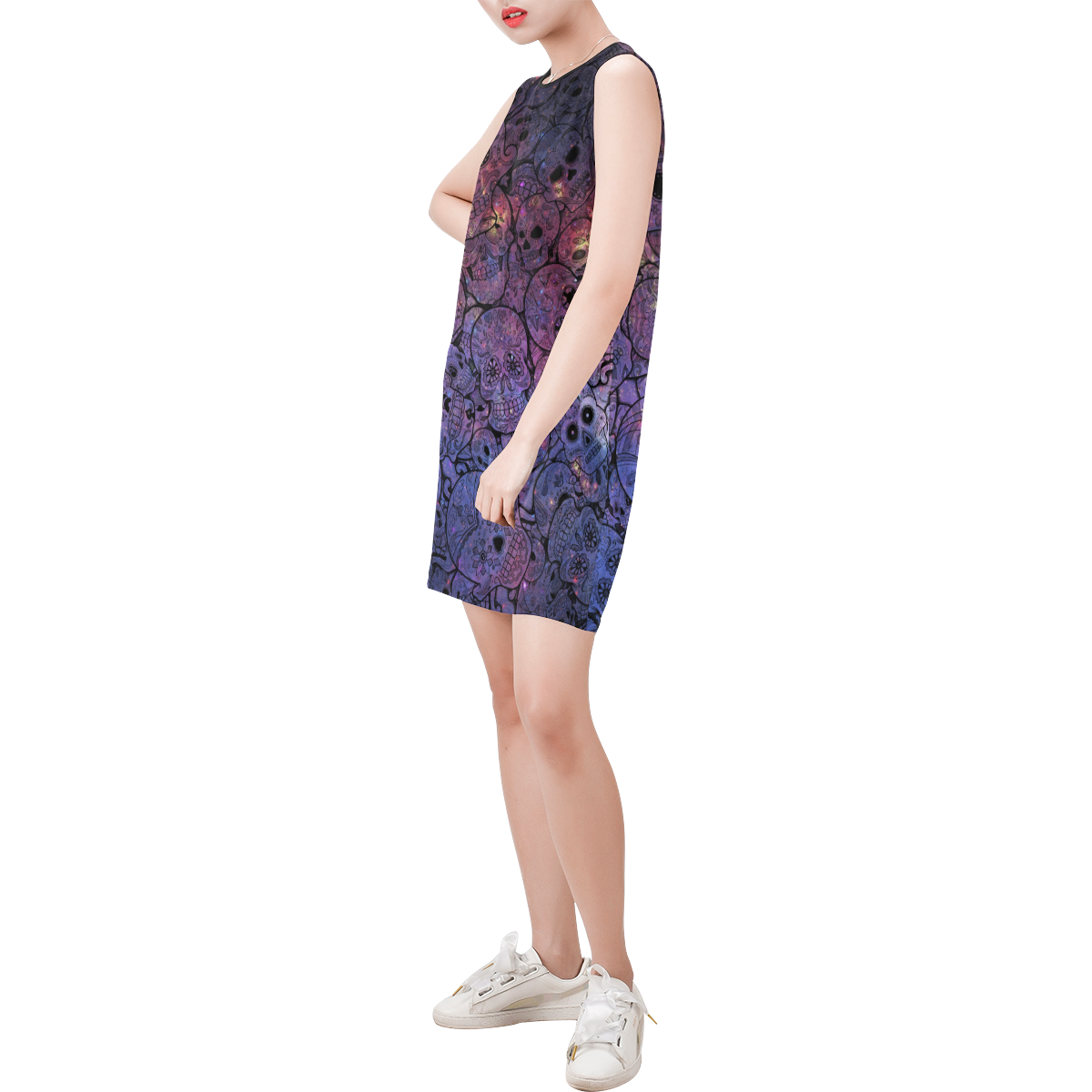 Cosmic Sugar Skulls Sleeveless Round Neck Shift Dress (Model D51)