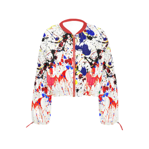 Blue & Red Paint Splatter (Red Trim) Cropped Chiffon Jacket for Women (Model H30)