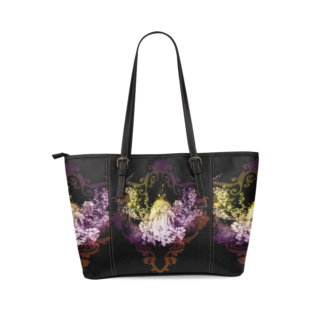 Colorful owls Leather Tote Bag/Small (Model 1640)
