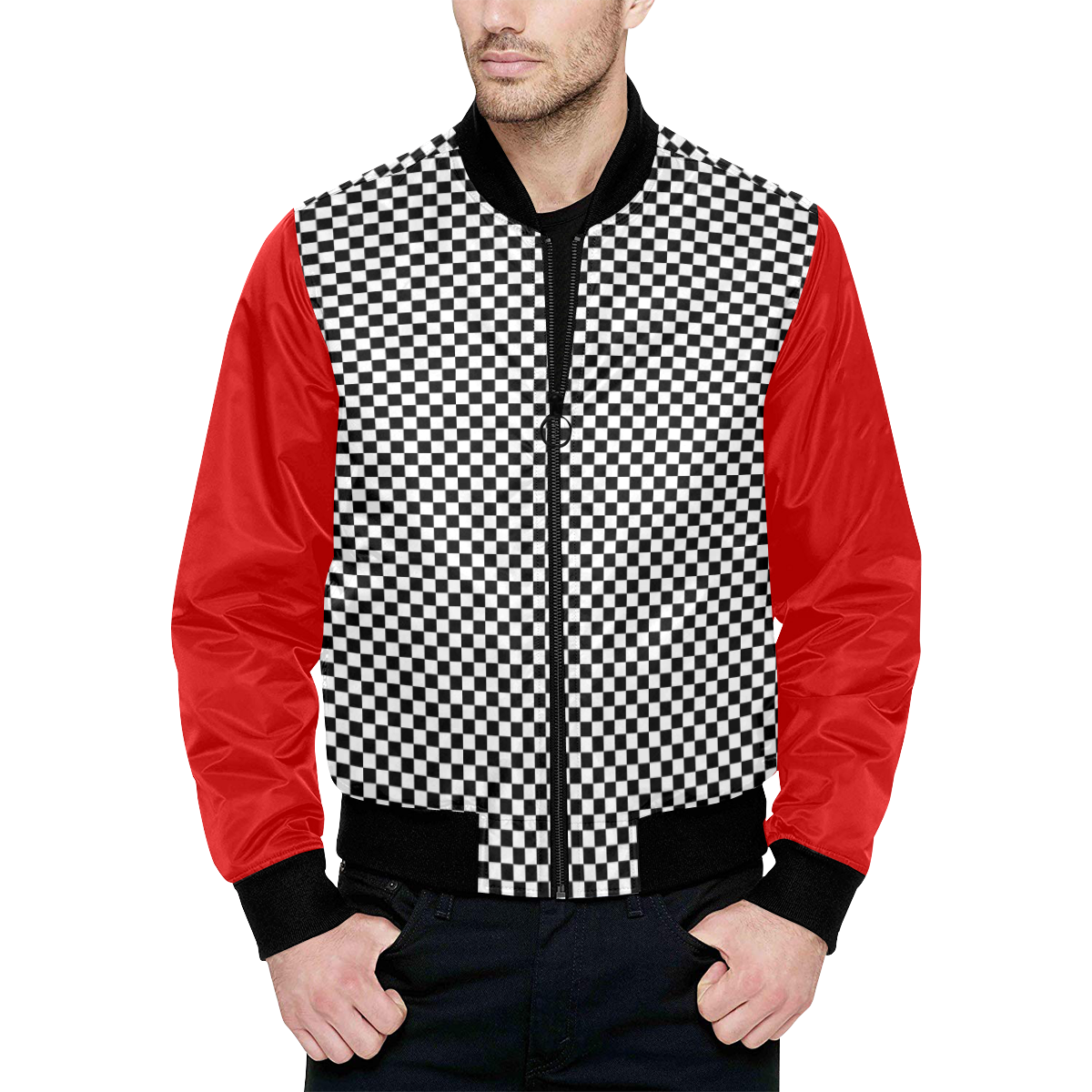 Checkerboard Black, White And Red All Over Print Quilted Bomber Jacket for Men (Model H33)