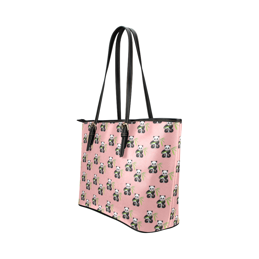 panda with bamboo pink Leather Tote Bag/Large (Model 1651)