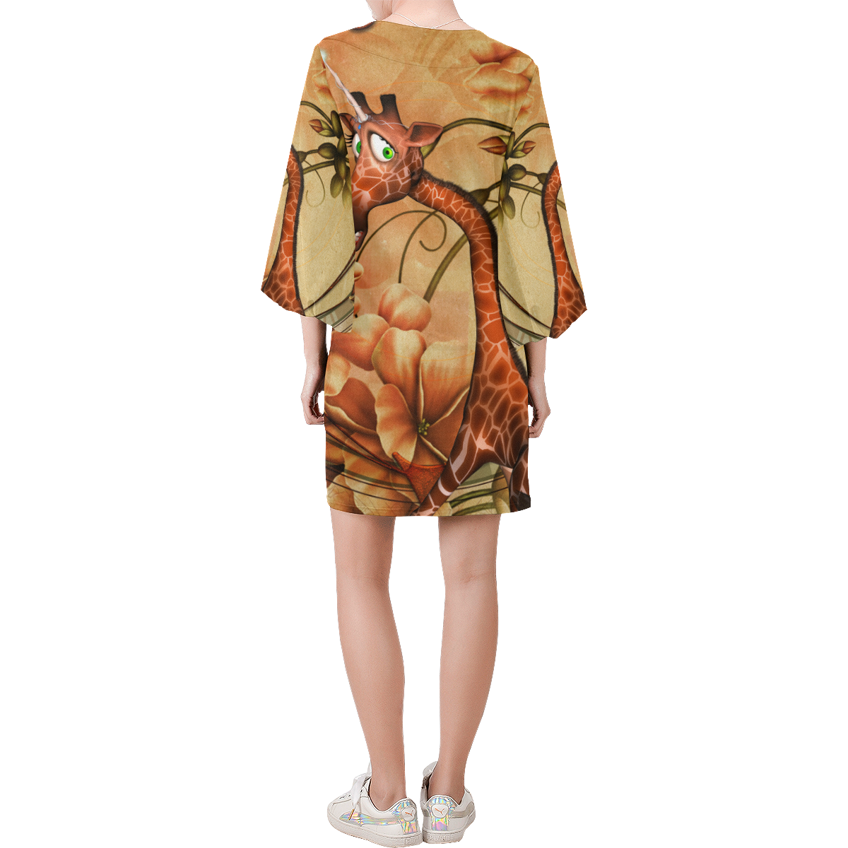 Cute unicorn giraffe Bell Sleeve Dress (Model D52)