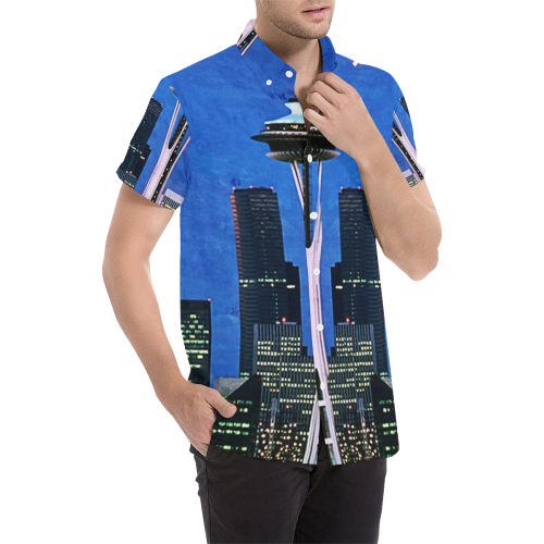 Seattle Space Needle Watercolor Men's All Over Print Short Sleeve Shirt (Model T53)