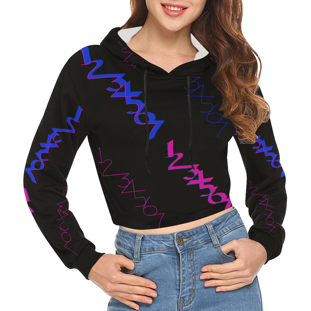 NUMBERS Collection 1234567 Quatro/Black All Over Print Crop Hoodie for Women (Model H22)
