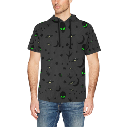 Alien Flying Saucers Stars Pattern on Charcoal All Over Print Short Sleeve Hoodie for Men (Model H32)