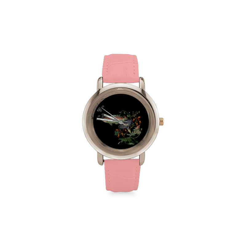 Fish With Flowers Surreal Women's Rose Gold Leather Strap Watch(Model 201)