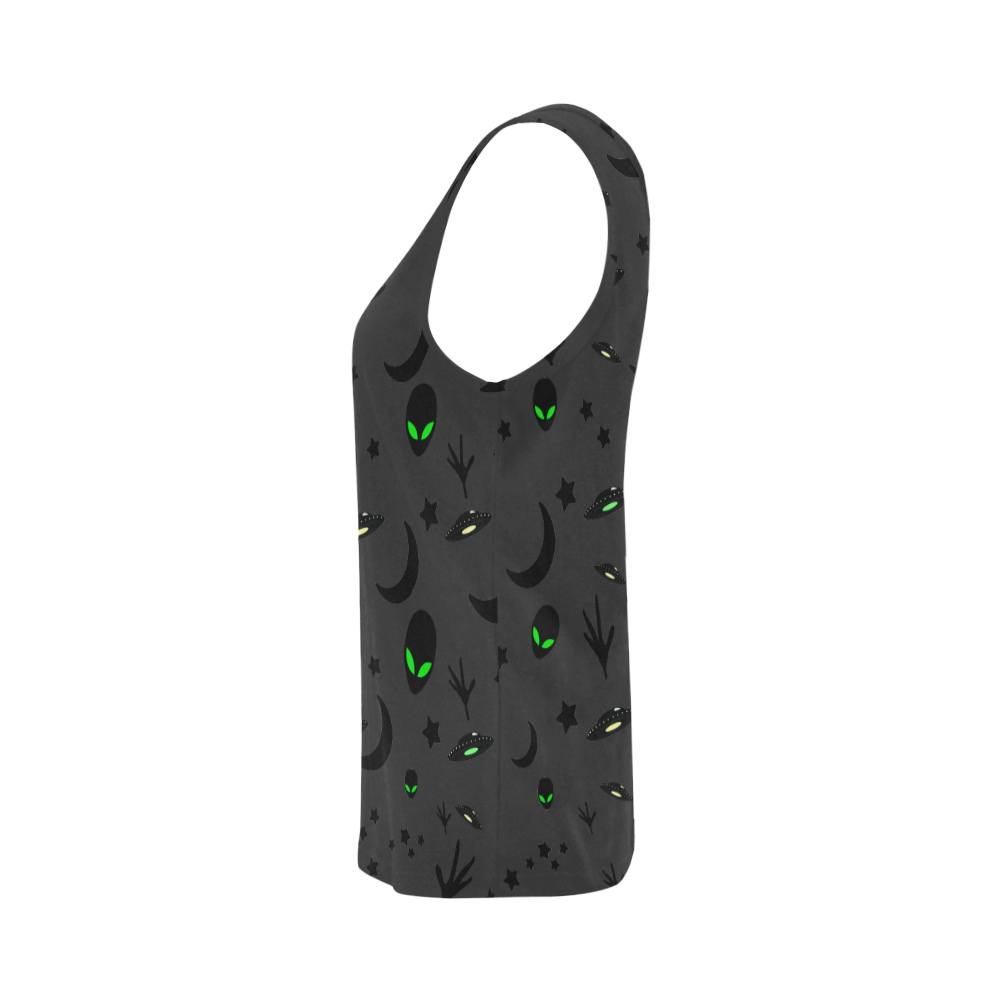 Alien Flying Saucers Stars Pattern on Charcoal All Over Print Tank Top for Women (Model T43)