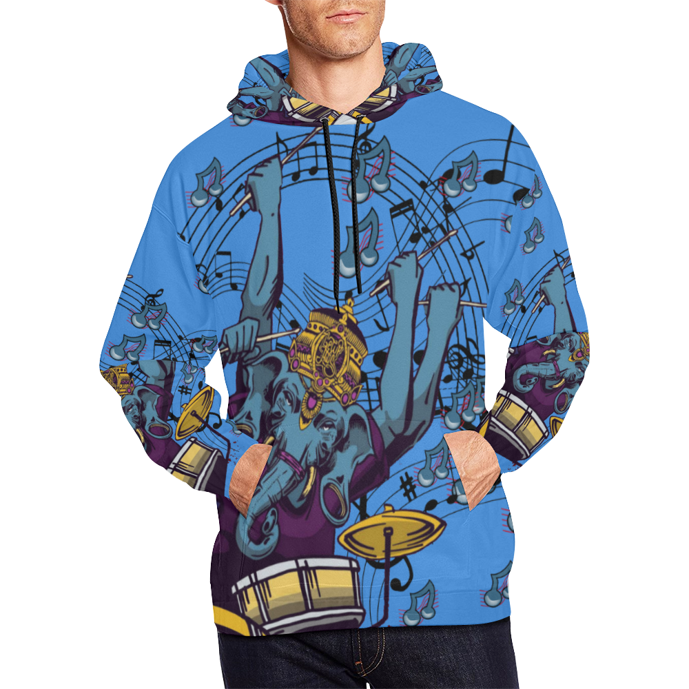Ganesha Drummer Red Blue and Purple Music Theme  Blue' All Over Print Hoodie for Men/Large Size (USA Size) (Model H13)