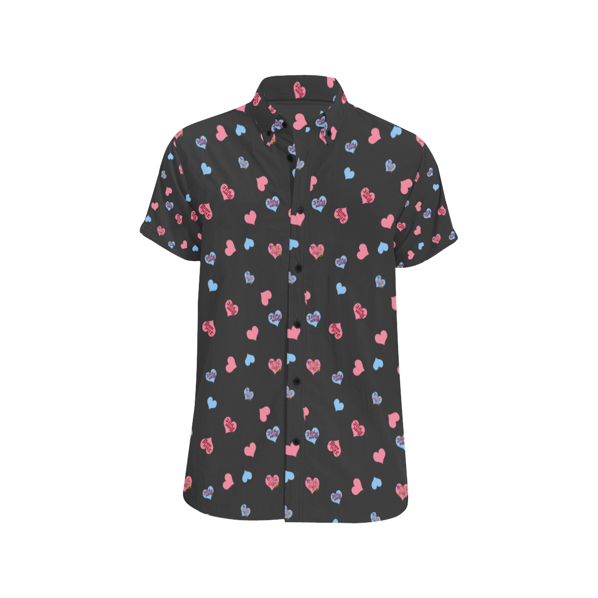 Pink-Blue Hearts-Wild Thing-Hot Stuff on Charcoal Men's All Over Print Short Sleeve Shirt (Model T53)