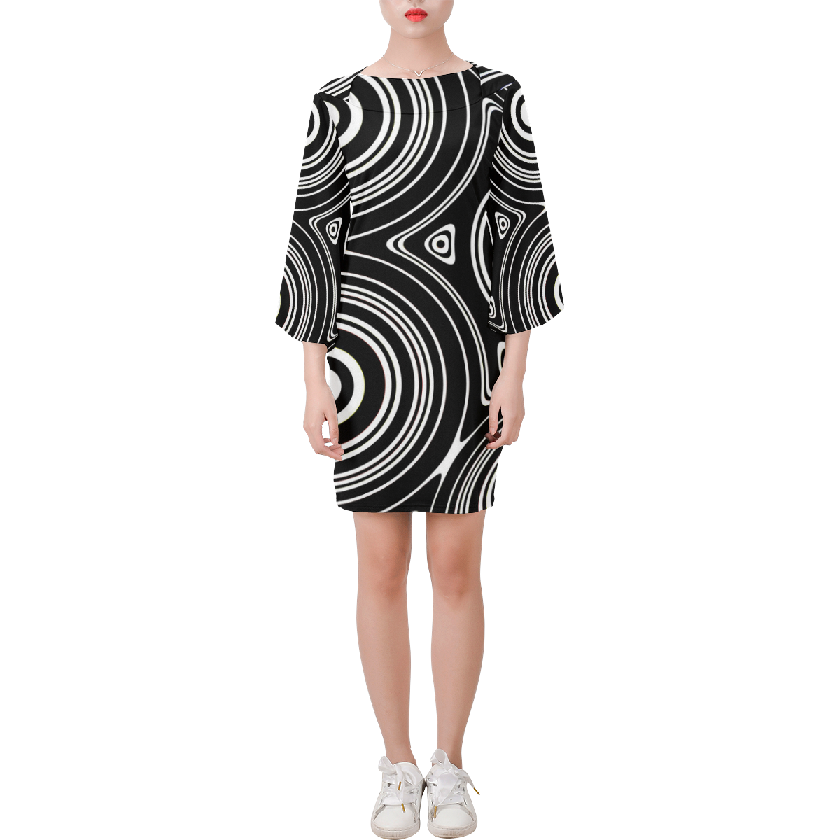 Concentric Circle Pattern Bell Sleeve Dress (Model D52)