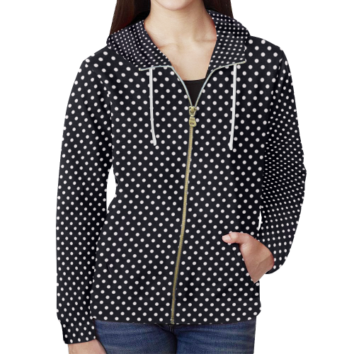 Black polka dots All Over Print Full Zip Hoodie for Women (Model H14)
