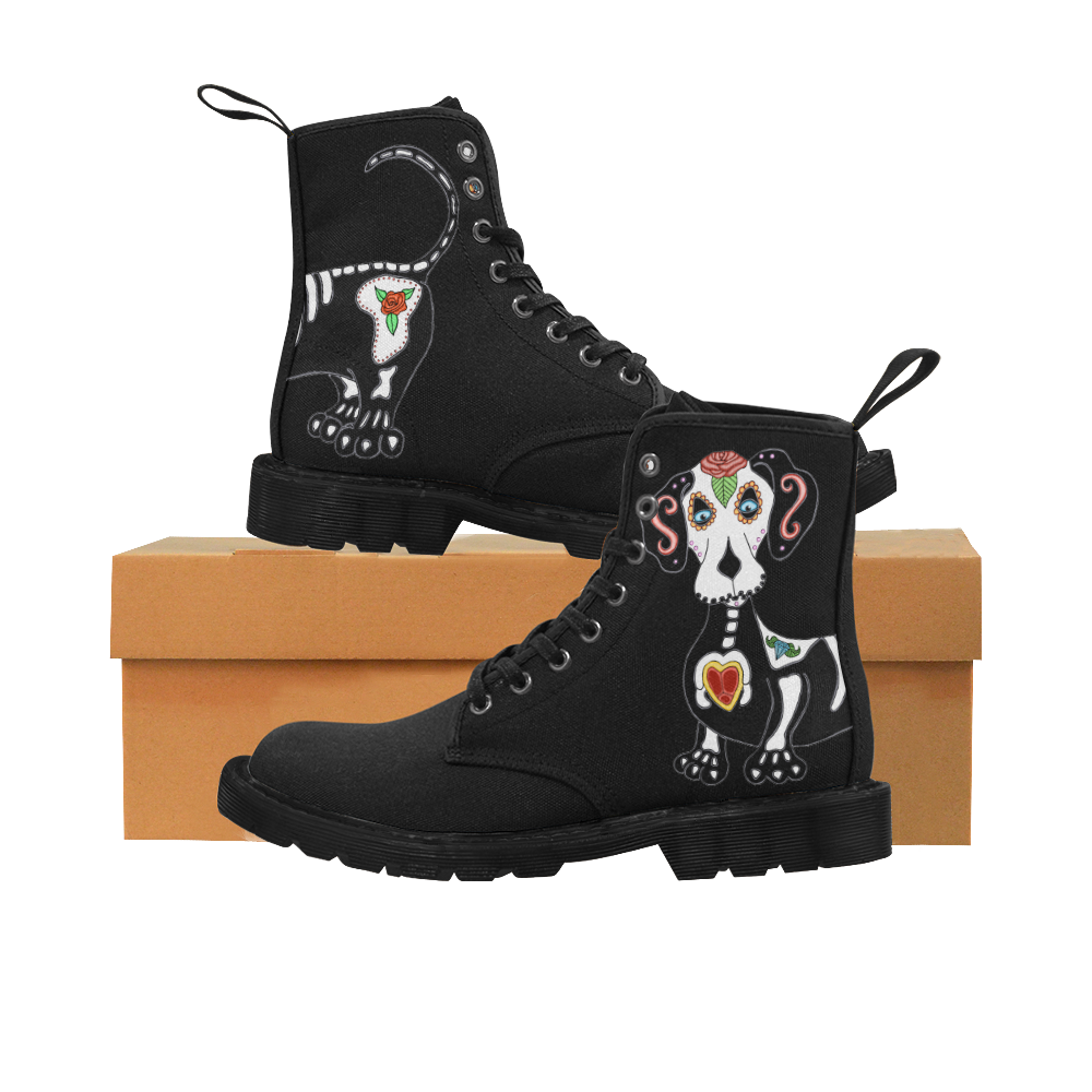 Dachshund Sugar Skull Black Martin Boots for Women (Black) (Model 1203H)