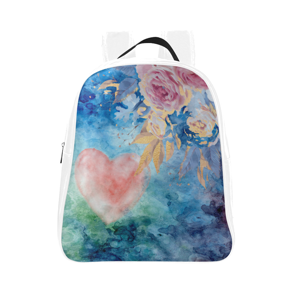 Heart and Flowers - Pink and Blue - White School Backpack (Model 1601)(Small)