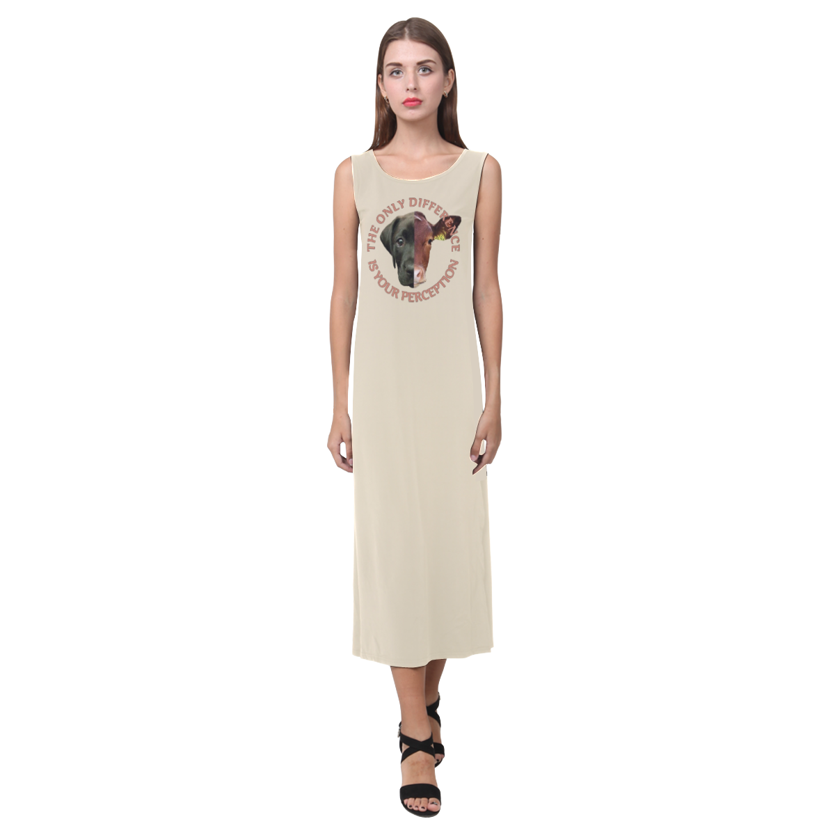 Vegan Cow and Dog Design with Slogan Phaedra Sleeveless Open Fork Long Dress (Model D08)
