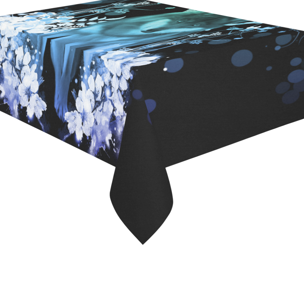Awesome wolf with flowers Cotton Linen Tablecloth 60"x 84"