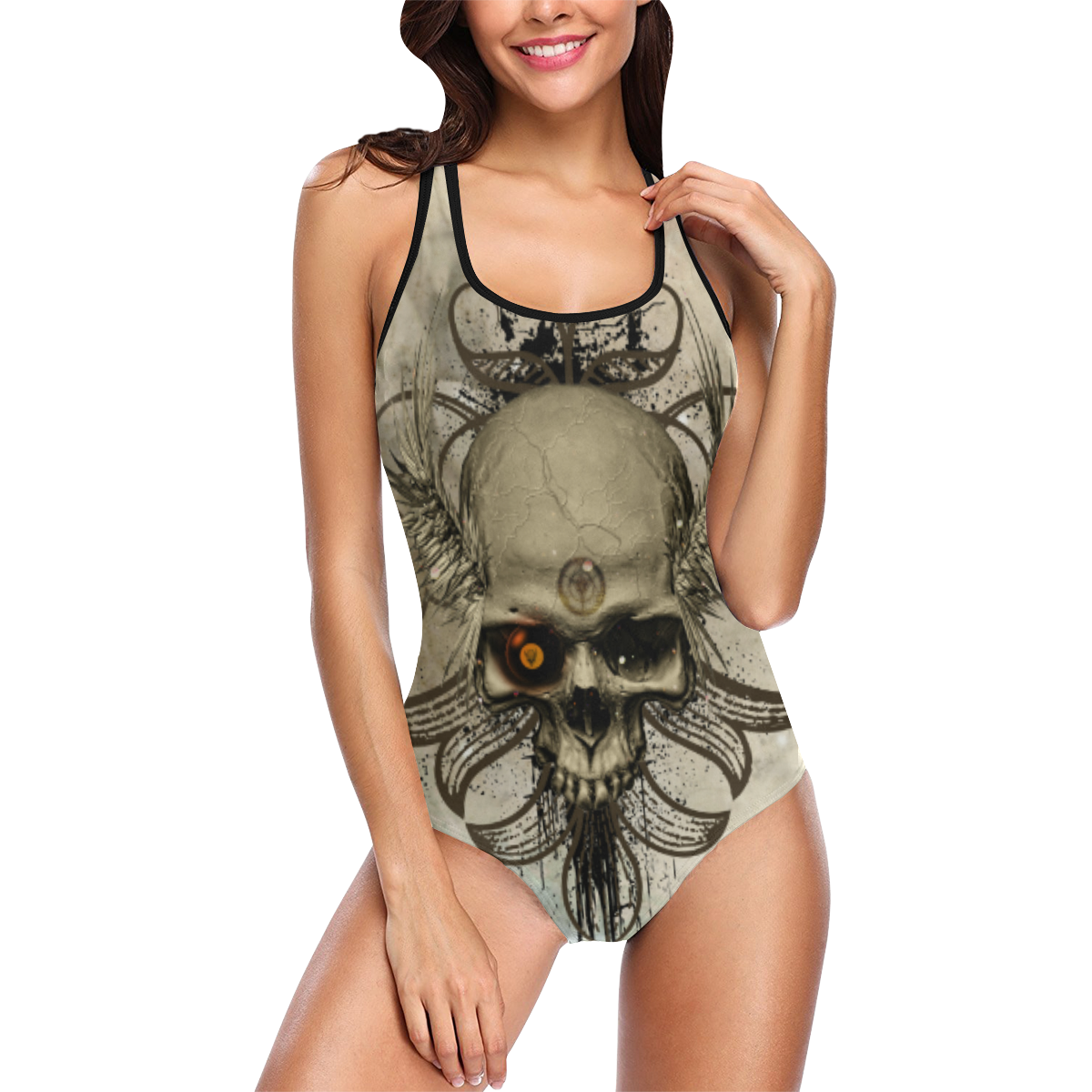 Creepy skull, vintage background Vest One Piece Swimsuit (Model S04)
