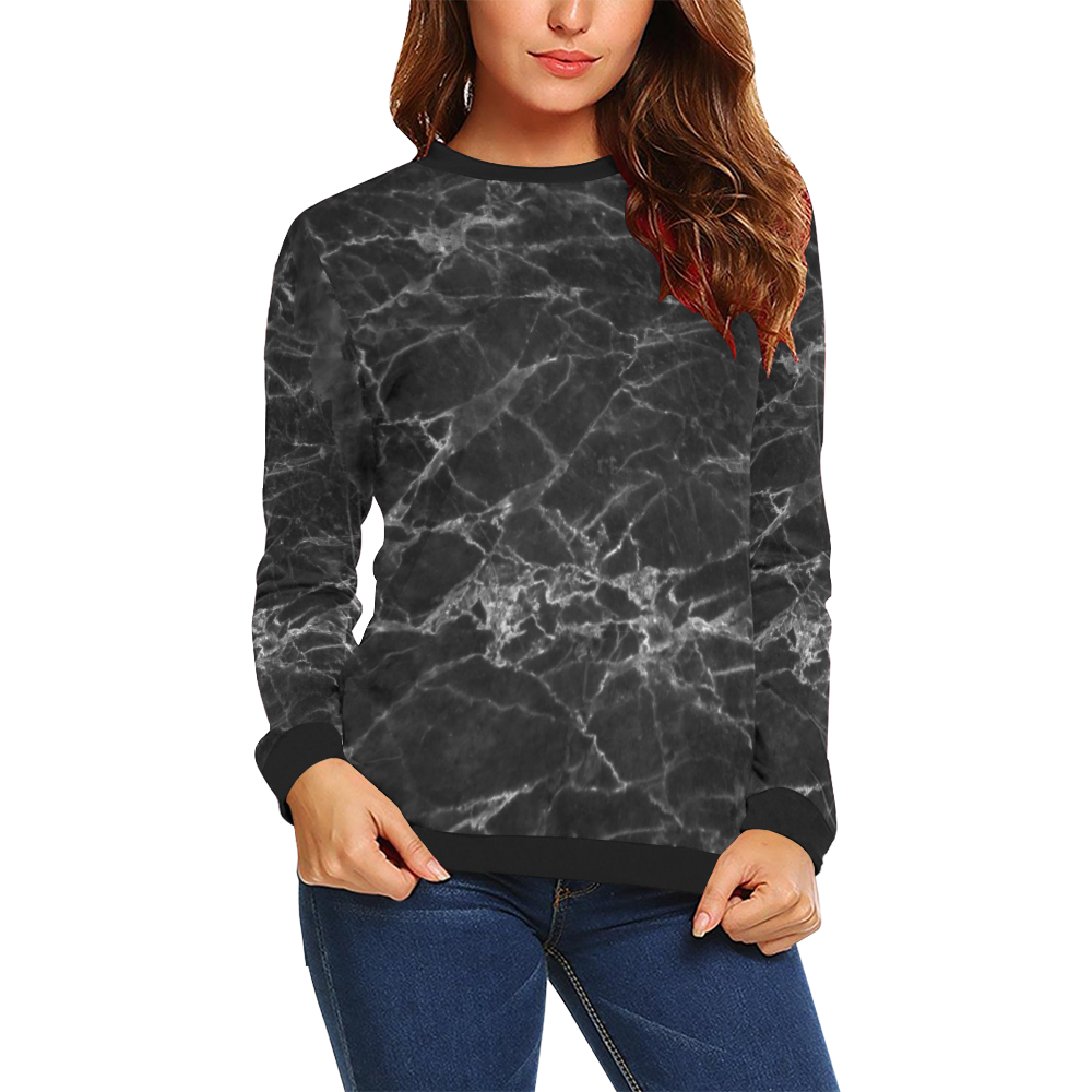 Marble Black Pattern All Over Print Crewneck Sweatshirt for Women (Model H18)
