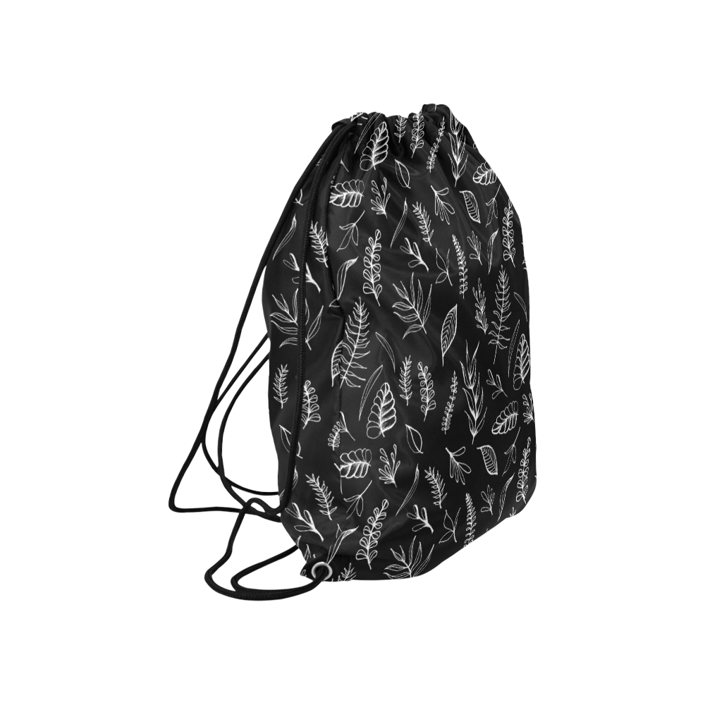 BLACK DANCING LEAVES Large Drawstring Bag Model 1604 (Twin Sides)  16.5"(W) * 19.3"(H)