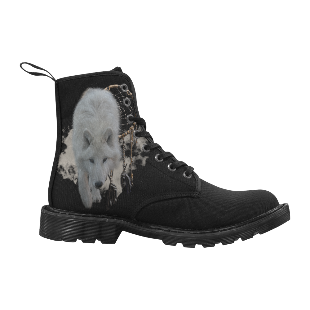 White Shaman Wolf with Dreamcatcher Martin Boots for Women (Black) (Model 1203H)