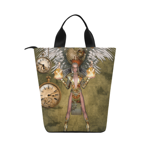 Steampunk lady with clocks and gears Nylon Lunch Tote Bag (Model 1670)