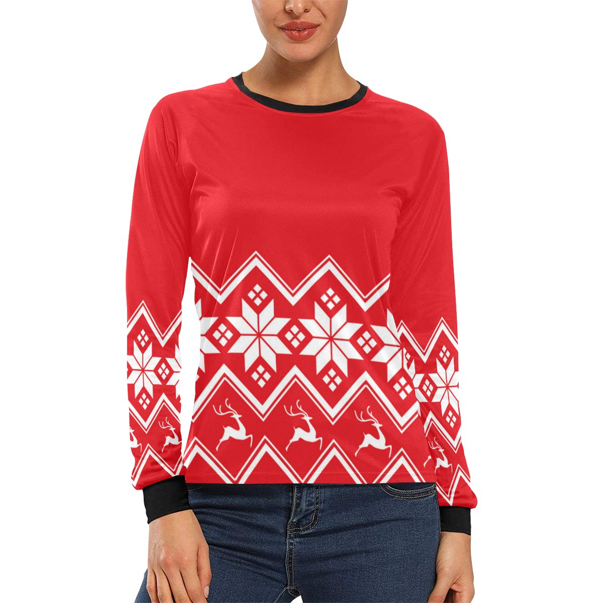 Christmas Reindeer Snowflake Red Women's All Over Print Long Sleeve T-shirt (Model T51)