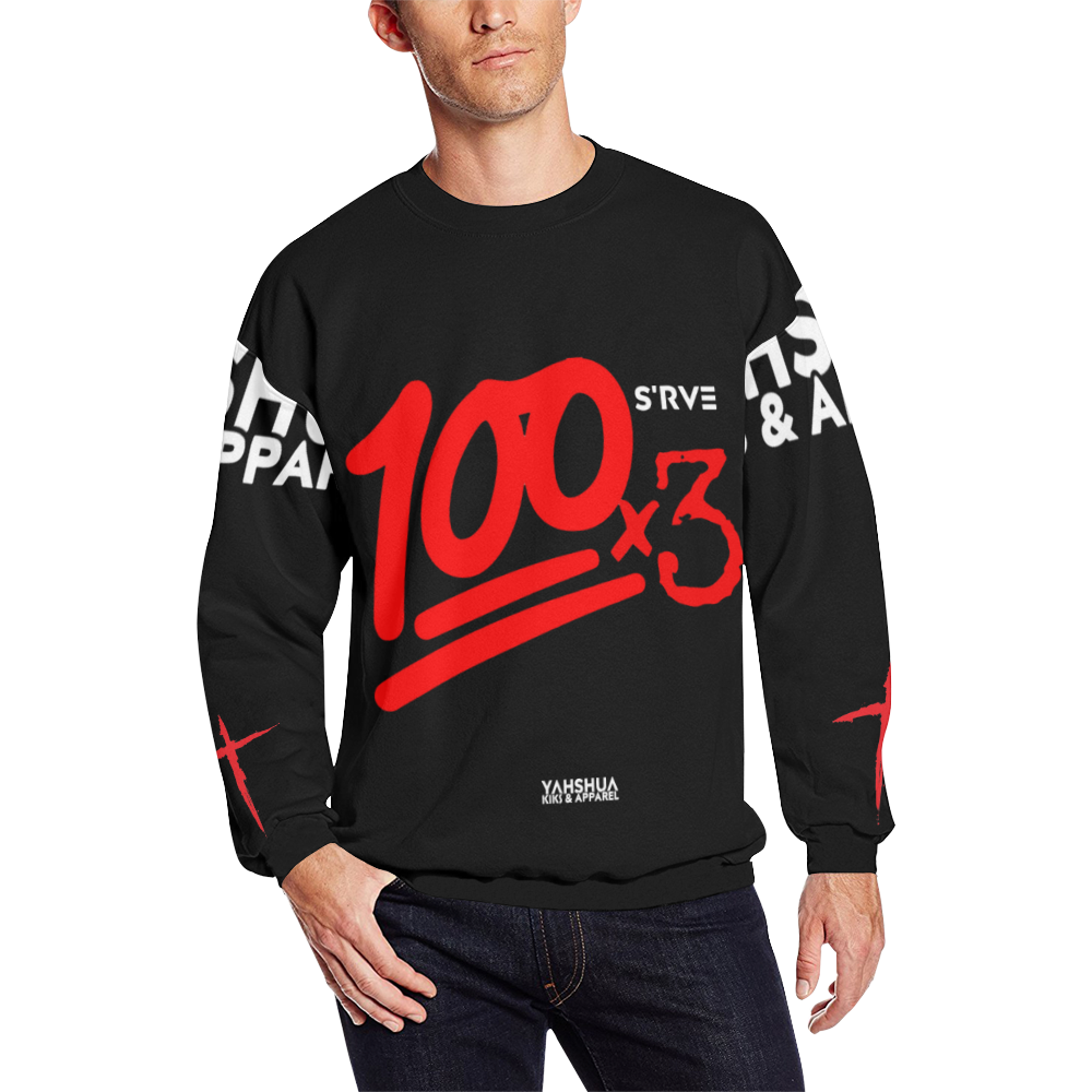 100x3 (Black) Men's Oversized Fleece Crew Sweatshirt (Model H18)