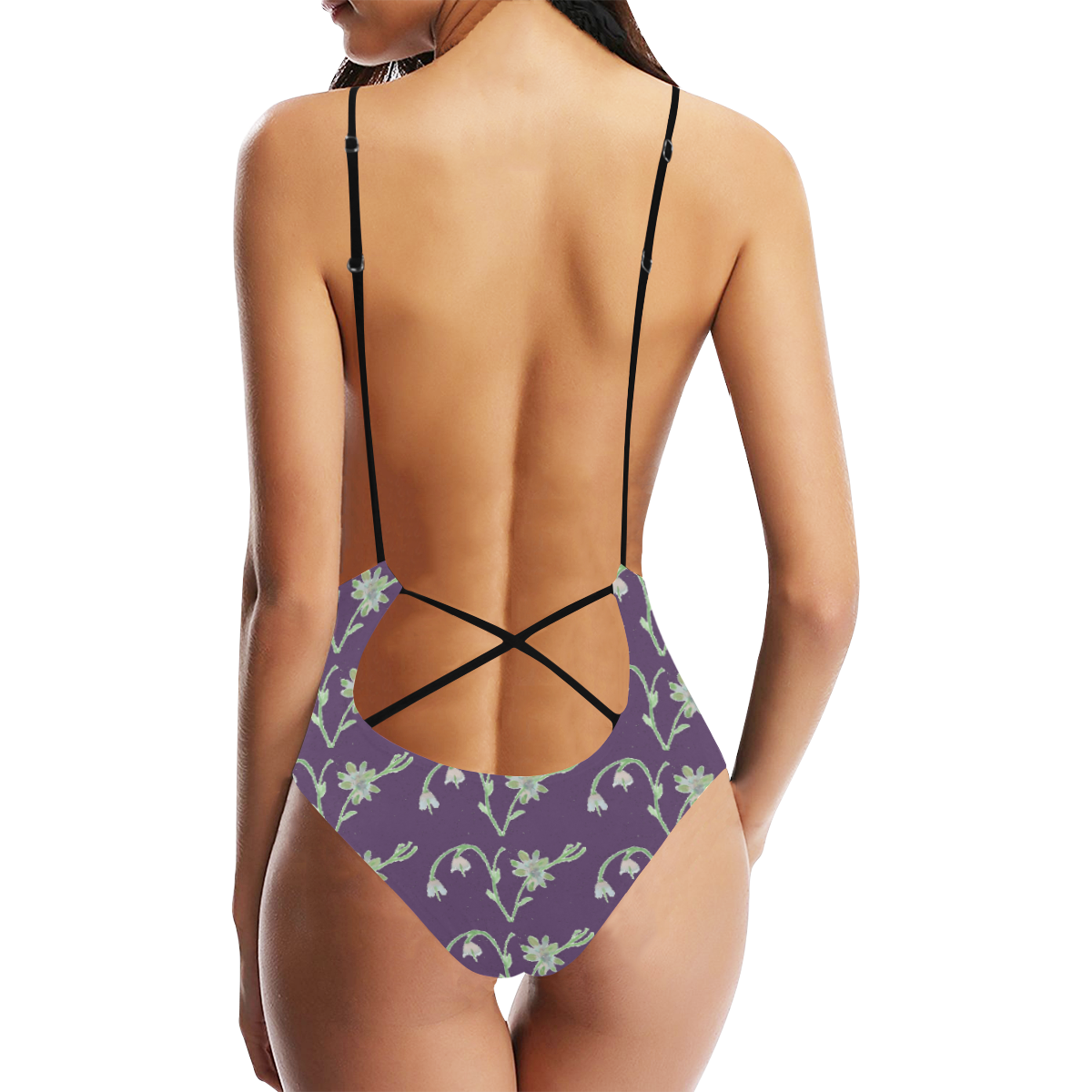 Purple Floral Pattern Swimsuit Sexy Lacing Backless One-Piece Swimsuit (Model S10)