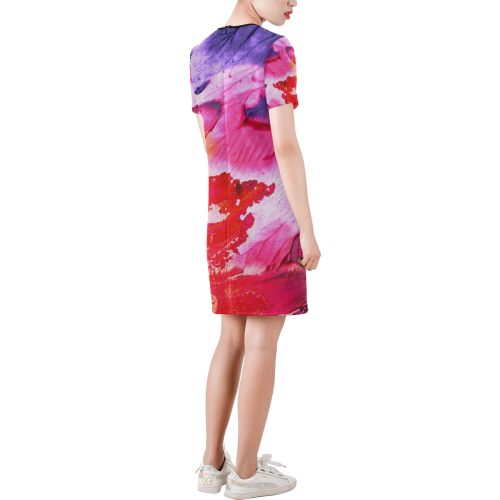 Red purple paint Short-Sleeve Round Neck A-Line Dress (Model D47)