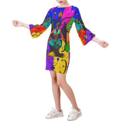 Awesome Baphomet Popart Bell Sleeve Dress (Model D52)