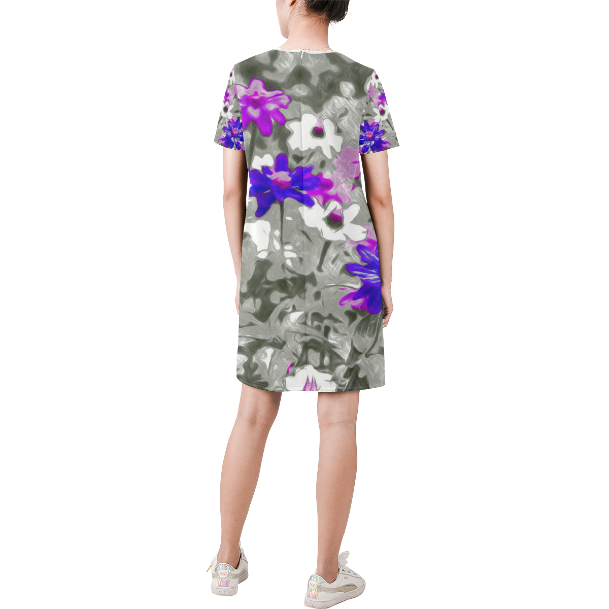 Flowers, black,white and splash C by JamColors Short-Sleeve Round Neck A-Line Dress (Model D47)