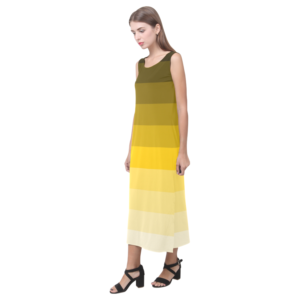 Green yellow stripes Phaedra Sleeveless Open Fork Long Dress (Model D08)